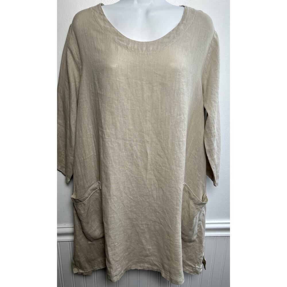 Match Point 100% Linen Dress /Top M Lagenlook Minimalist Women Beige 3/4 Sleeve